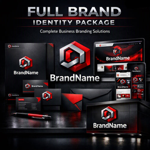 A promotional graphic for a full brand identity package, showing branded stationery, a laptop, tablet, and phone mockup all displaying the same red, black, and white logo and website design on a dark reflective surface. Decalwolf Decal Wolf Arizona
