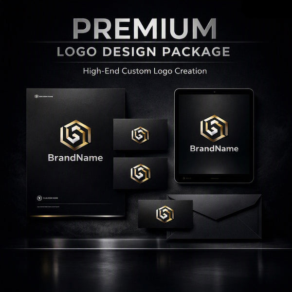 Premium logo design package mockup on a dark background, showing branded stationery items including a folder, cards, and a tablet with a gold geometric logo and the text BrandName.Decalwolf Decal Wolf Arizona