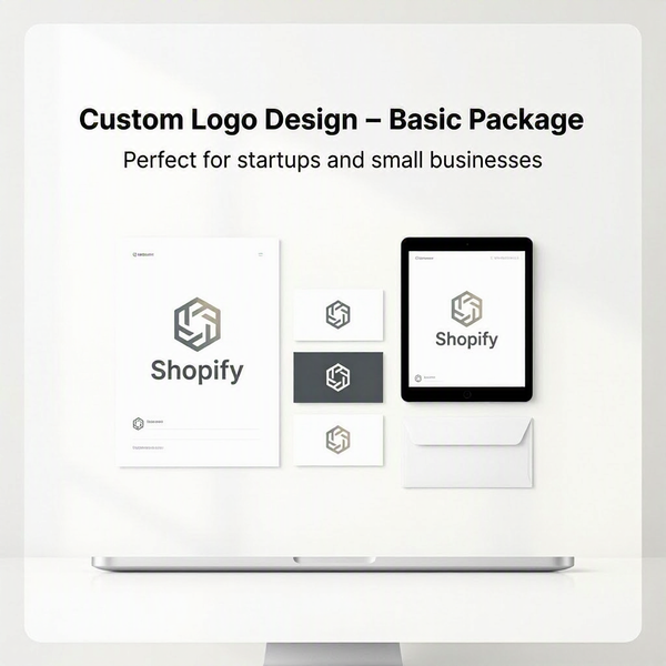 Custom logo design basic package mockup showing a minimalist geometric Shopify-style icon on a computer monitor, tablet, and envelope against a clean white background with text reading 'Custom Logo Design – Basic Package' and 'Perfect for startups and small businesses.'.