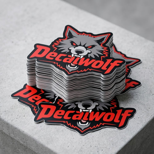 A stack of die-cut decals featuring a gray wolf head with red eyes and the word "Decalwolf" in red across the front decal wolf arizona
